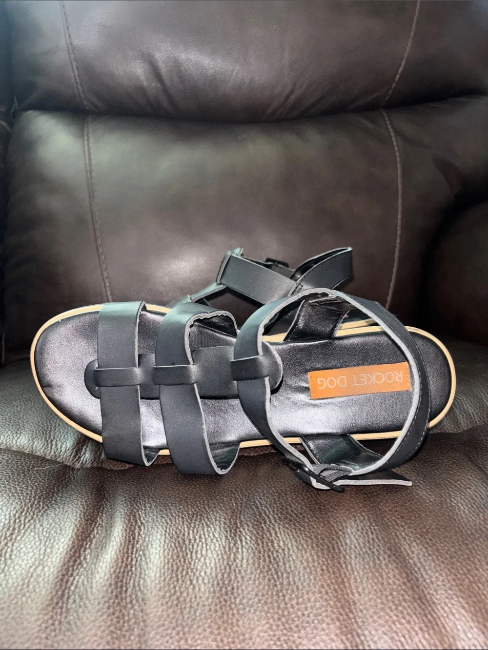 Rocket Dog Black Strappy Platform Sandals with Tan Striped Sole